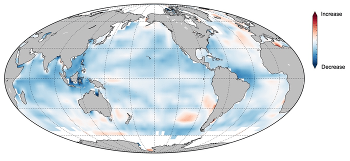 Declining ocean memory between the present and the end of the 21st century. Blue indicates decline, red indicates increase in memory. (Image: Shi, et al. (2022))