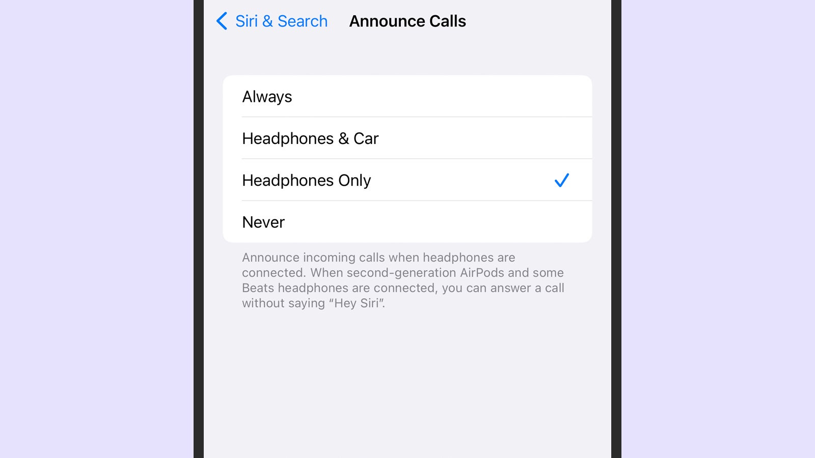 Siri can answer calls, but only via headphones (Screenshot: iOS)