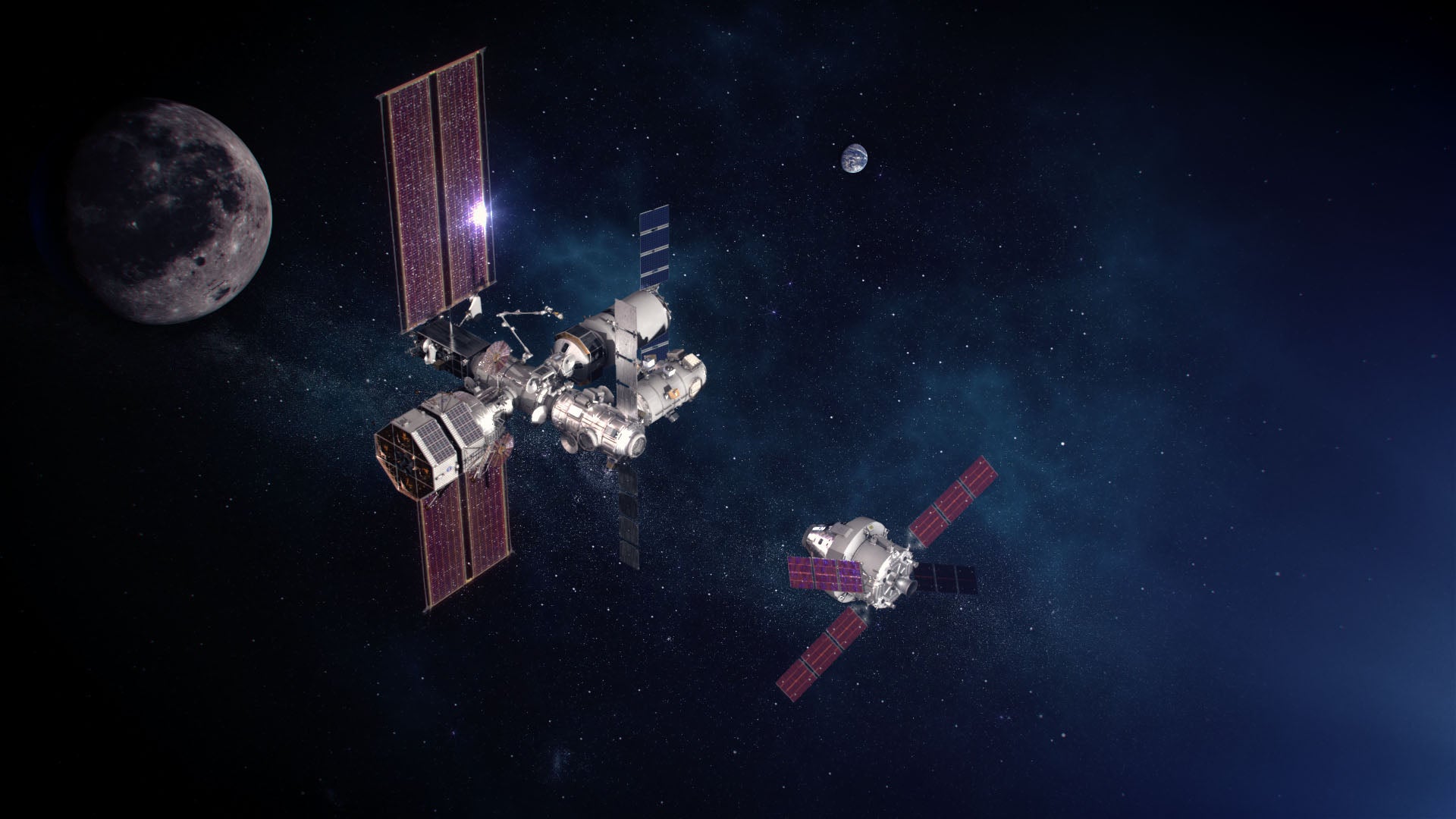 Conceptual view of Lunar Gateway (left) and the Orion spacecraft.  (Image: NASA)