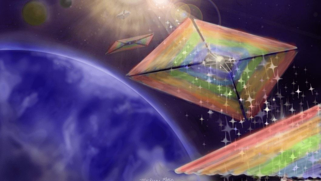 Artist's conception of the diffractive lightsail. The rainbow-like patterns would be similar to how CDs exhibit similar patterns when held under a light.  (Illustration: MacKenzi Martin)