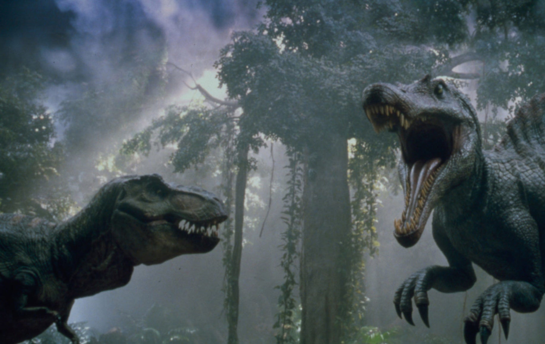 Even the T-Rex cowls to the Jurassic Park III Spinosaurus. (Image: Universal Pictures)