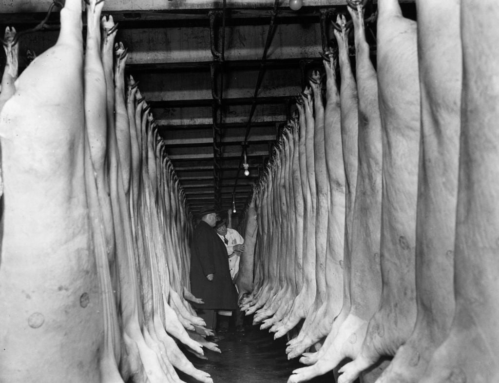 Hog carcasses ready for processing and packing in a Chicago meat packing plant.  (Photo: Keystone, Getty Images)