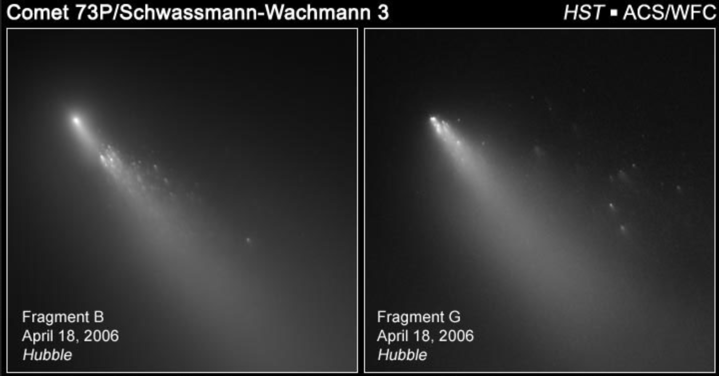 Hubble images showing the fragmented comet in 2006.  (Image: NASA, ESA, H. Weaver (APL/JHU), M. Mutchler and Z. Levay (STScI))