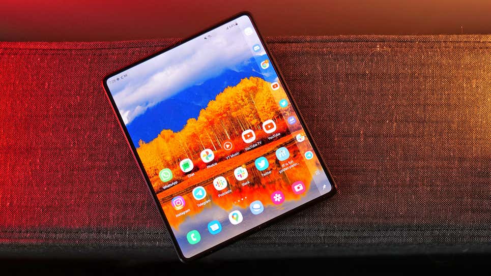 From the way the leaks are churning, the Galaxy Z Fold 4 might not be too much different from the Galaxy Z Fold 3 (pictured here.)  (Photo: Sam Rutherford / Gizmodo)