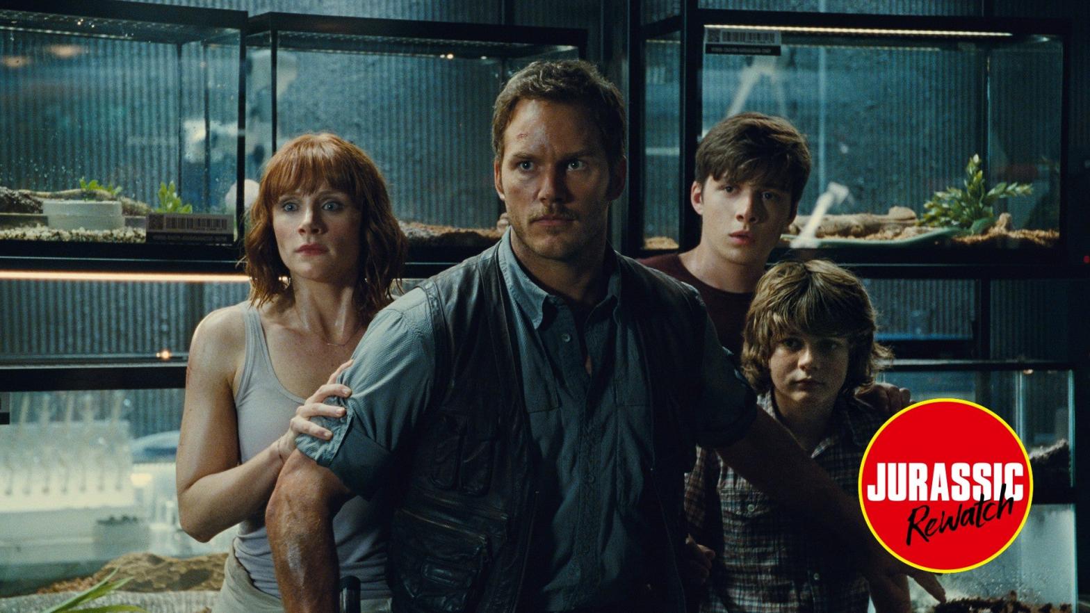 The cast of Jurassic World in peril. (Image: Universal/Amblin)