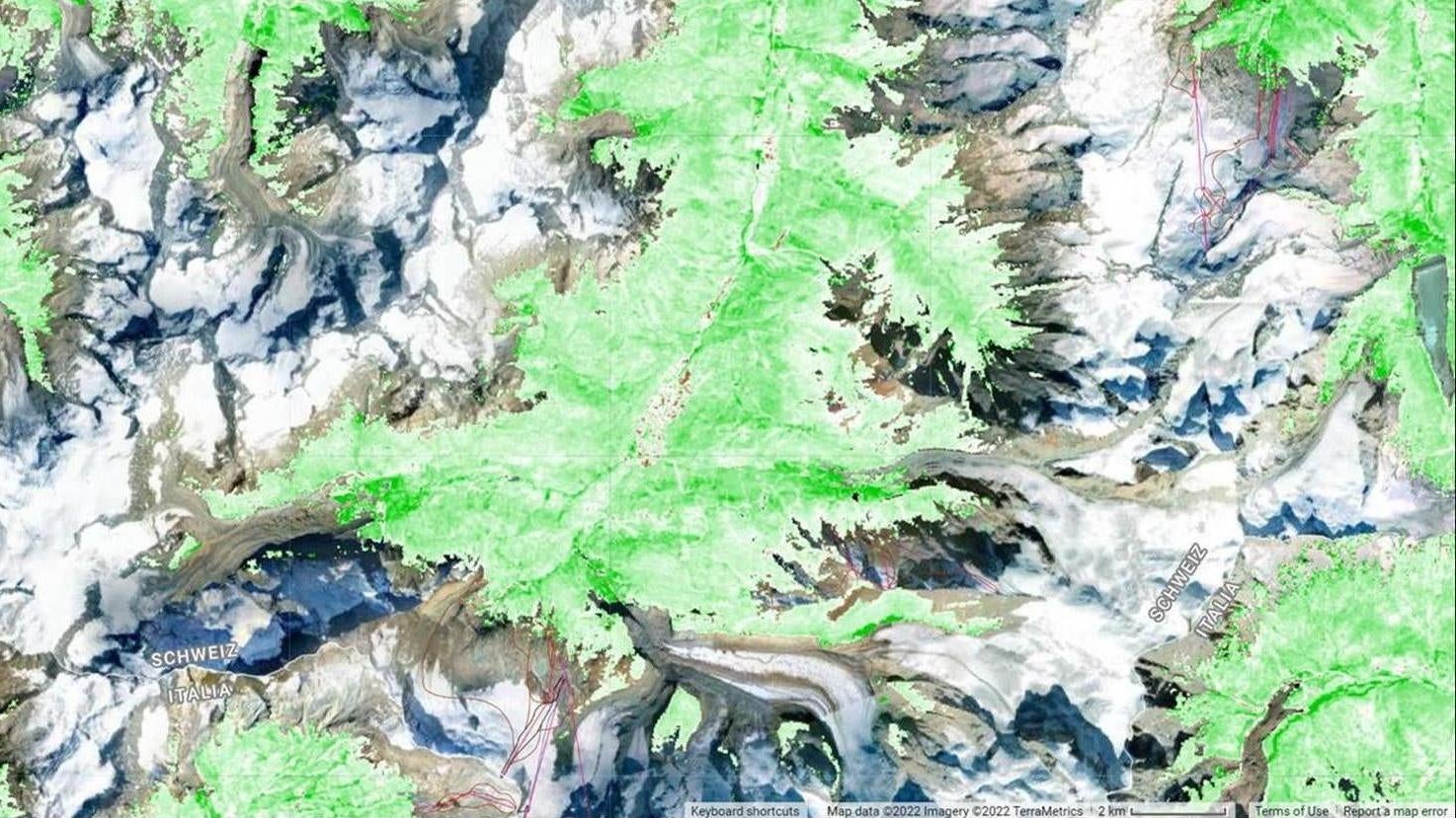 The researchers studied satellite data of the Alps to determine trends in vegetation. In this view, the darker the green, the larger the increase in vegetation. (Screenshot: Google Earth Engine, Grégoire Mariéthoz)