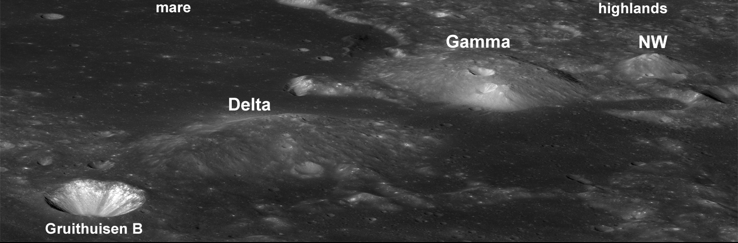 Lunar Reconnaissance Orbiter Camera image showing the three Gruithuisen Domes (Delta, Gamma, and NW), and the crater for which they are named.  (Image: NASA-LROC)
