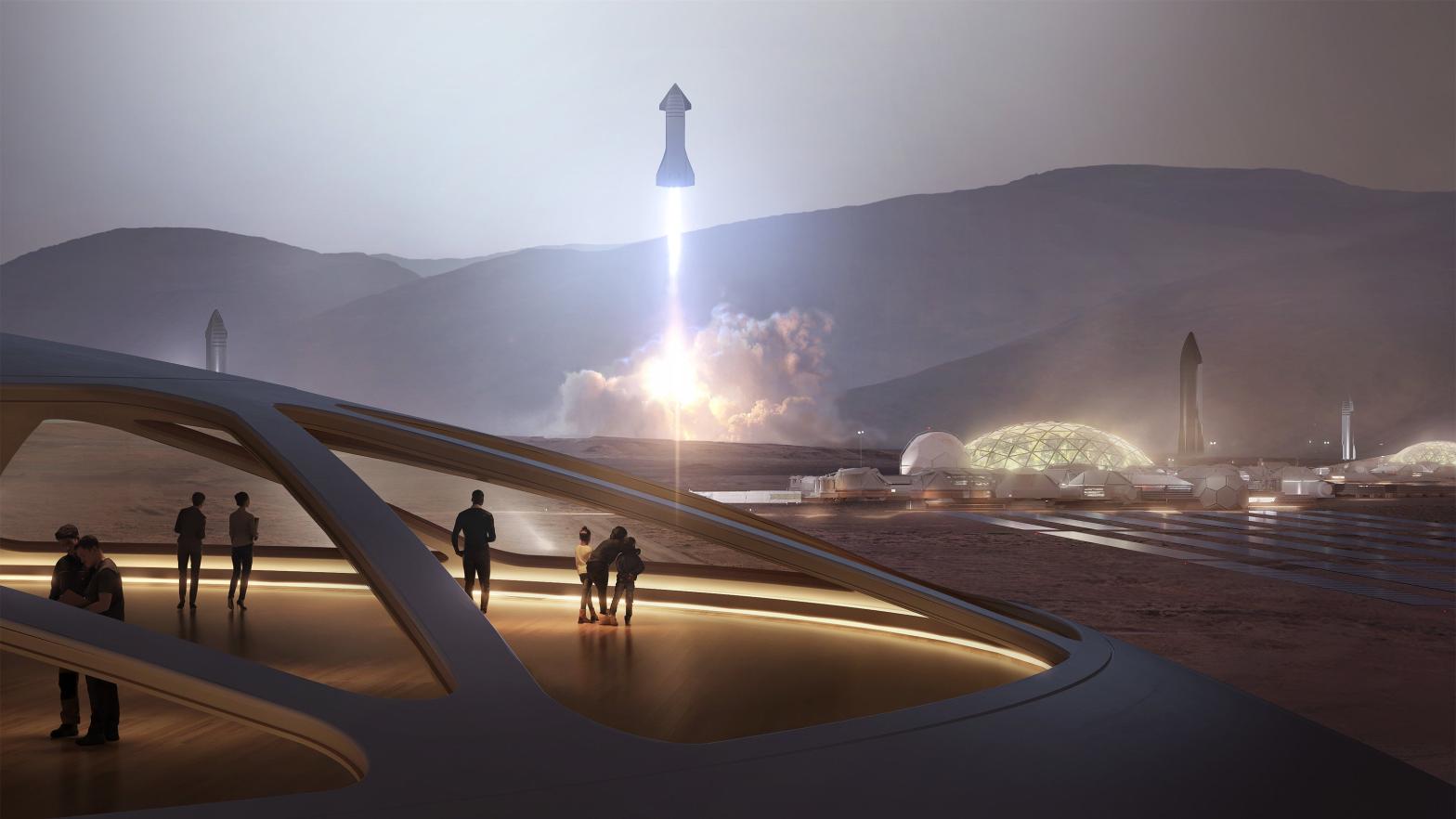 Artist's conception of a Martian colony, with SpaceX Starship rockets in the background.  (Image: SpaceX)