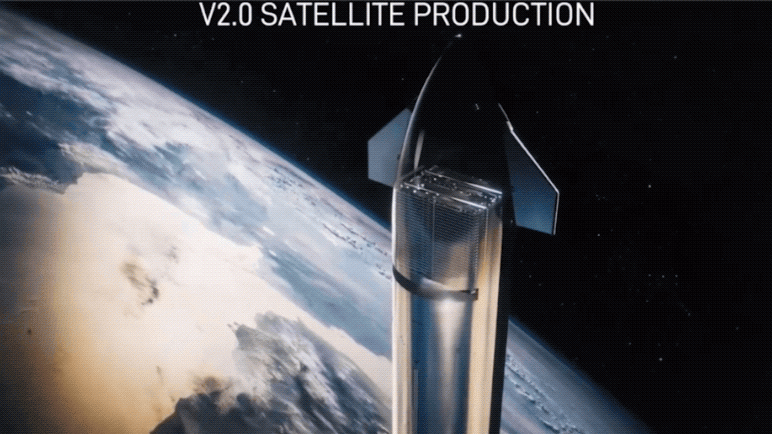 Conceptual video showing the deployment of Starlink 2.0 satellites from a Starship rocket.  (Gif: SpaceX/Gizmodo)
