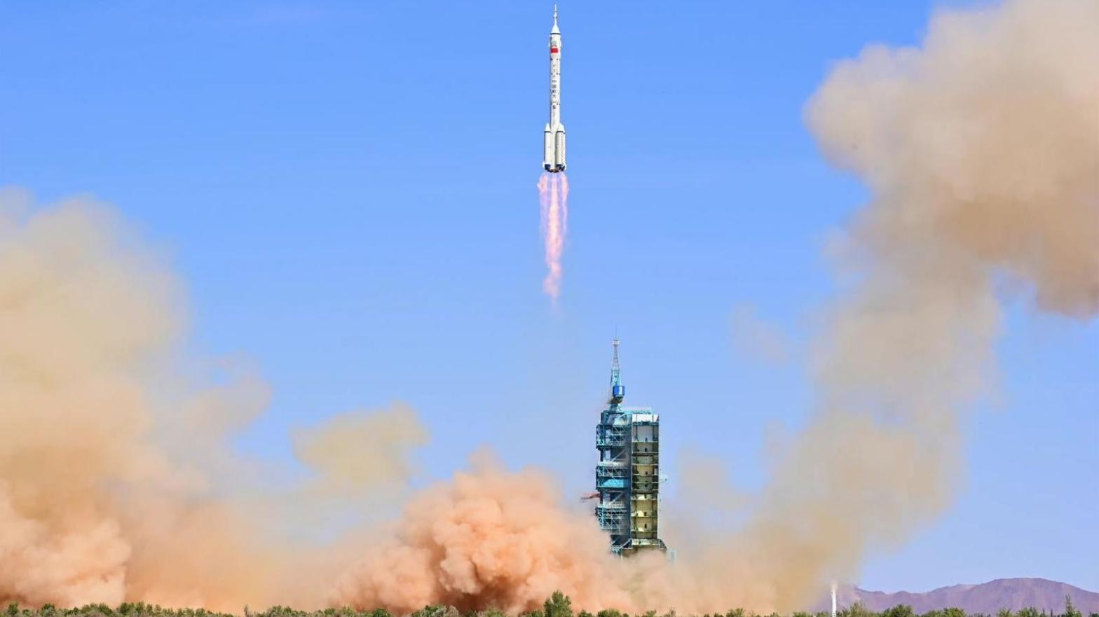 The three-person crew launched from the Jiuquan Satellite Launch Centre in the Gobi Desert.  (Photo: China National Space Administration)