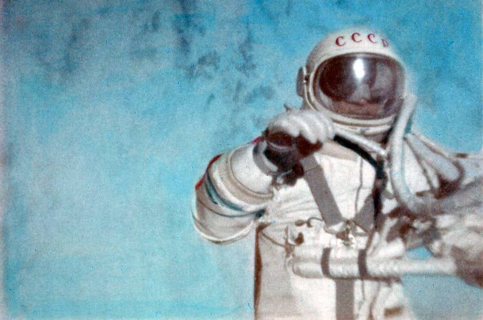 Cosmonaut Aleksei Leonov during the first human spacewalk in 1965.  (Image: NASA)