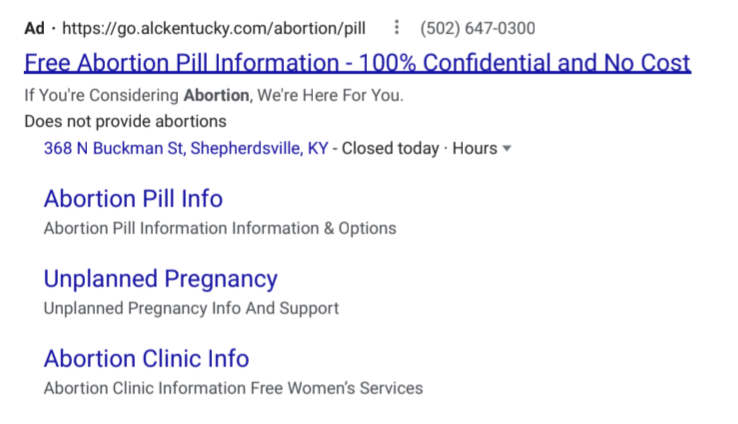 Each of the sub-headings in this advertisement takes you to the same anti-abortion group's website. Google's disclaimer only appears in small print with the top link. (Screenshot: Centre for Countering Digital Hate)