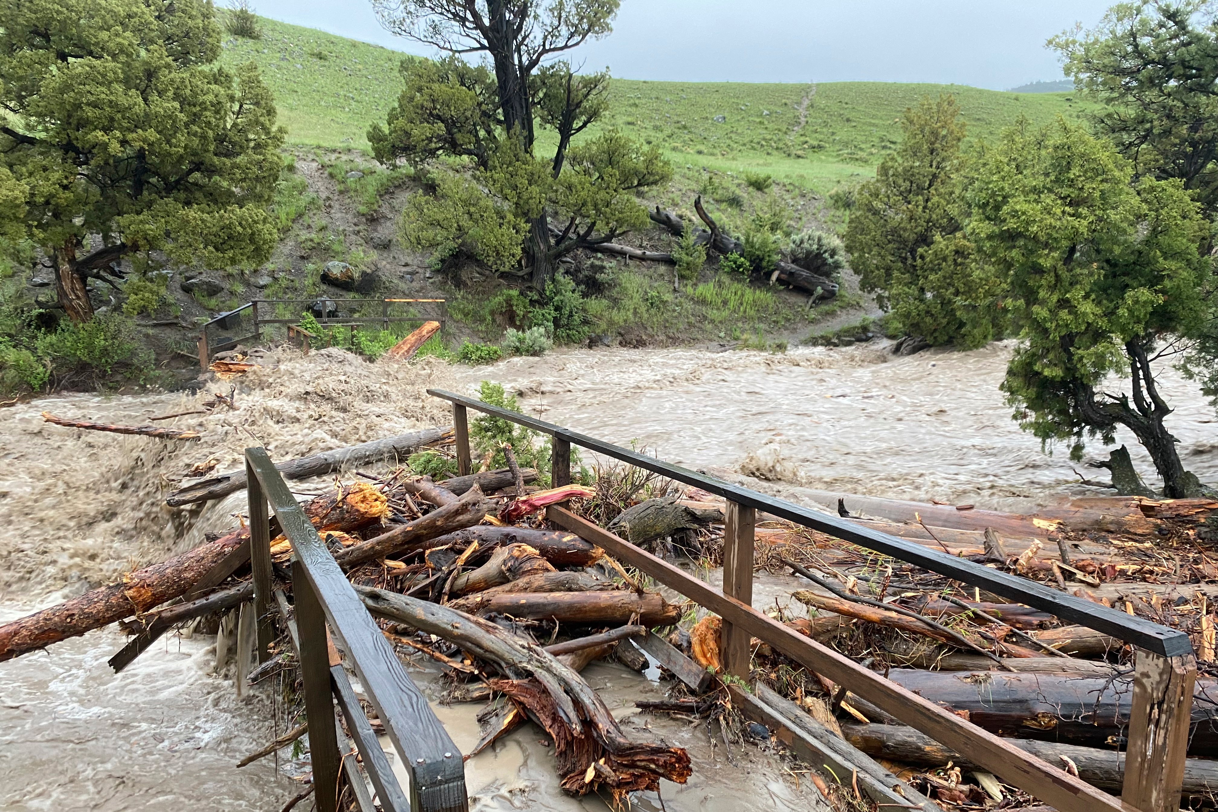 A washed-out bridge after flooding at Rescue Creek in Yellowstone National Park, Mont., on Monday, June 13, 2022. (Photo: National Park Service, AP)