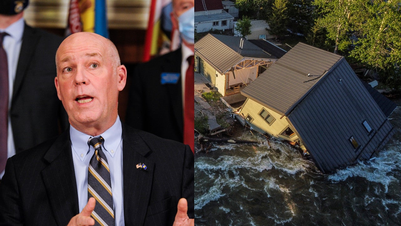 File photo of Montana Gov. Greg Gianforte on Feb. 10, 2021 (left) A house sits in Rock Creek after floodwaters washed away a road and a bridge in Red Lodge, Montana, June 15, 2022. (Photo: Thom Bridge/Independent Record - David Goldman, AP)