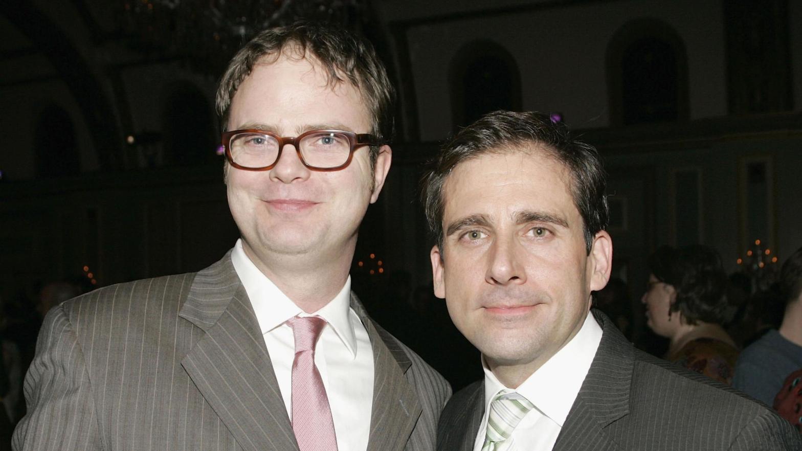 'The Office' actors Rainn Wilson (Dwight Schrute) and Steve Carell (Michael Scott) on January 22, 2006 in Los Angeles, California. (Photo: Michael Buckner, Getty Images)