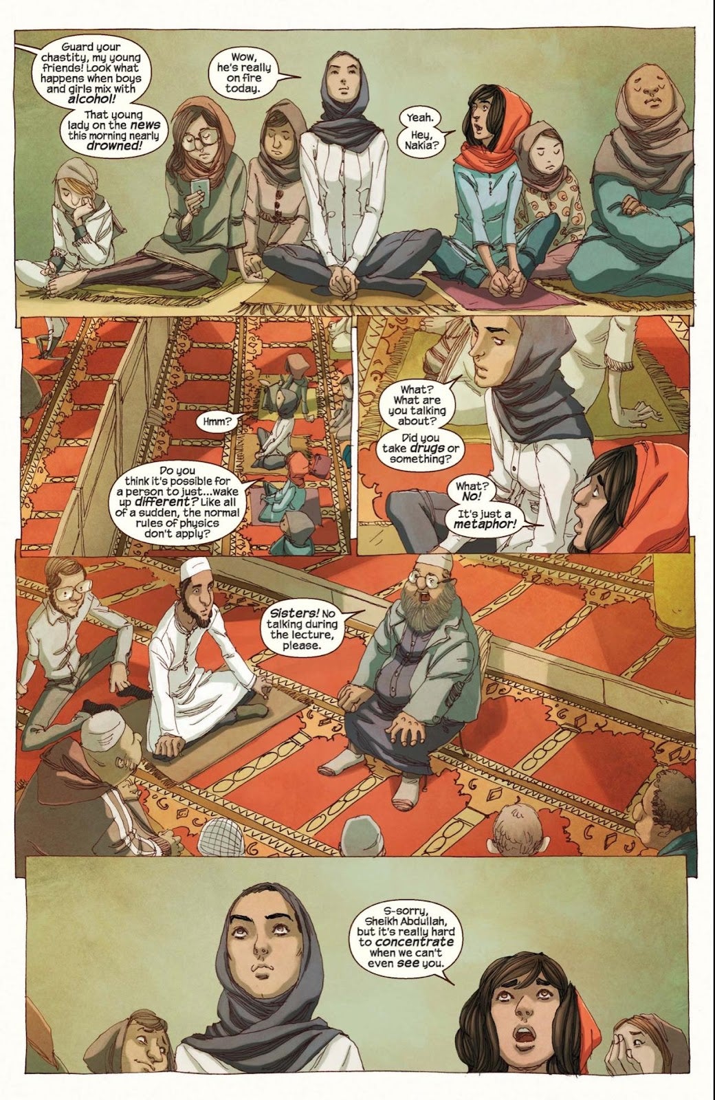The version of the temple scene we get in 2014's Ms. Marvel #3. (Image: Adrian Alphona, Ian Herring, and Joe Caramagna/Marvel Comics)