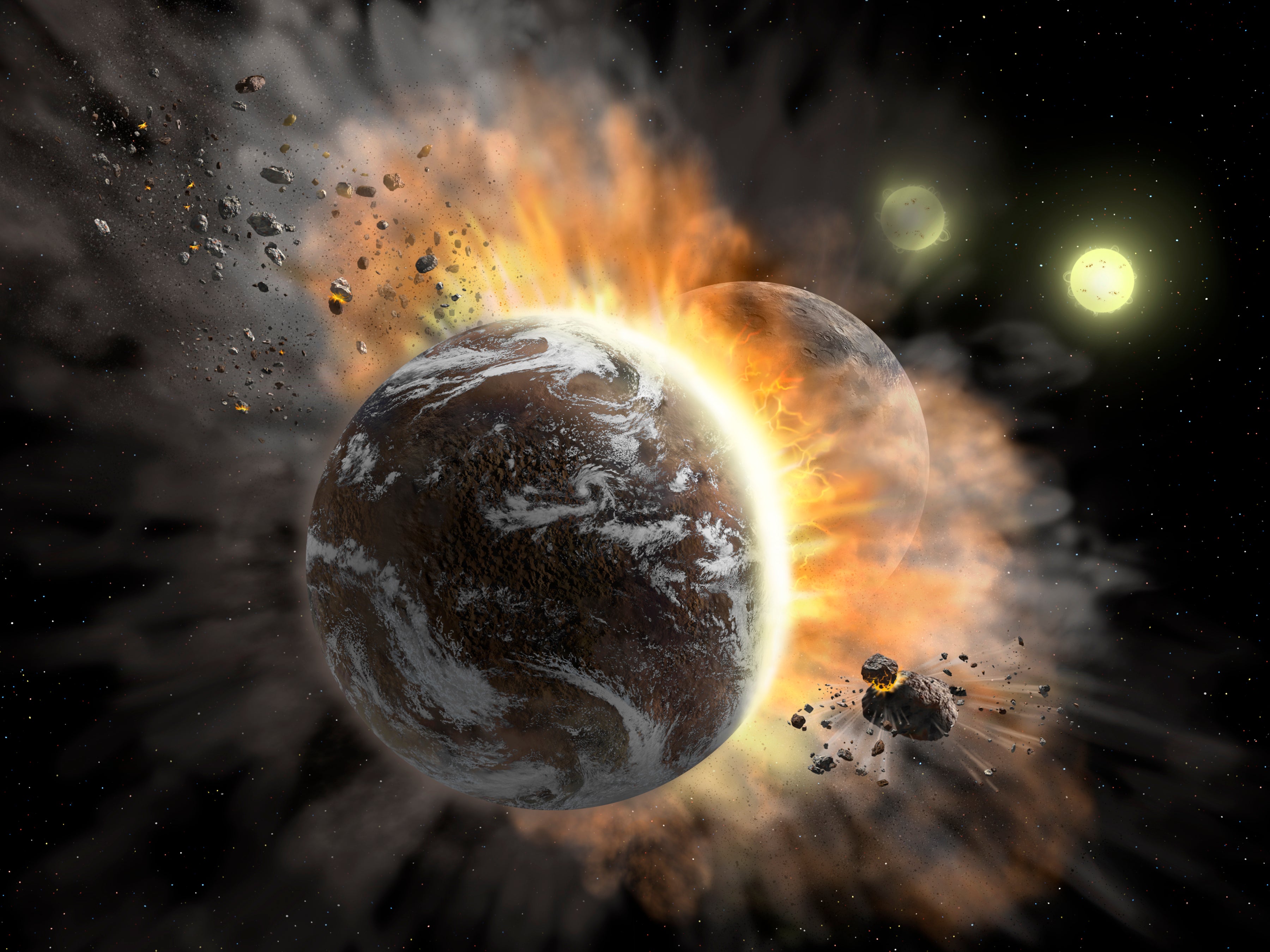 Artist's conception of a catastrophic collision betweeen two exoplanets.  (Illustration: NASA/SOFIA/Lynette Cook)