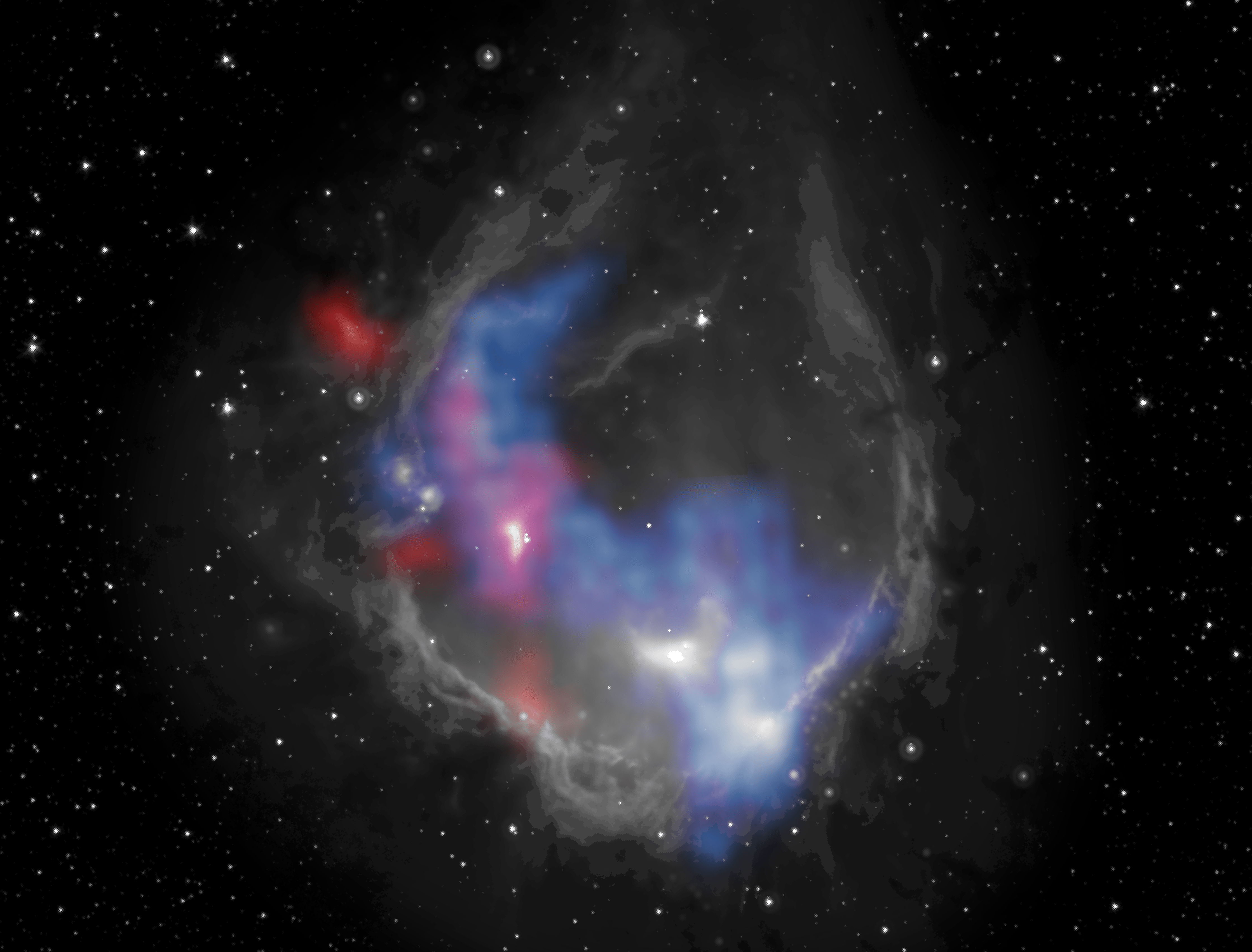 Composite image of the nebula RCW 120. By measuring the glowing gas (shown in red and blue), astronomers used SOFIA data to study the nebula's expansion speed and age.  (Image: NASA/JPL-Caltech/SOFIA)