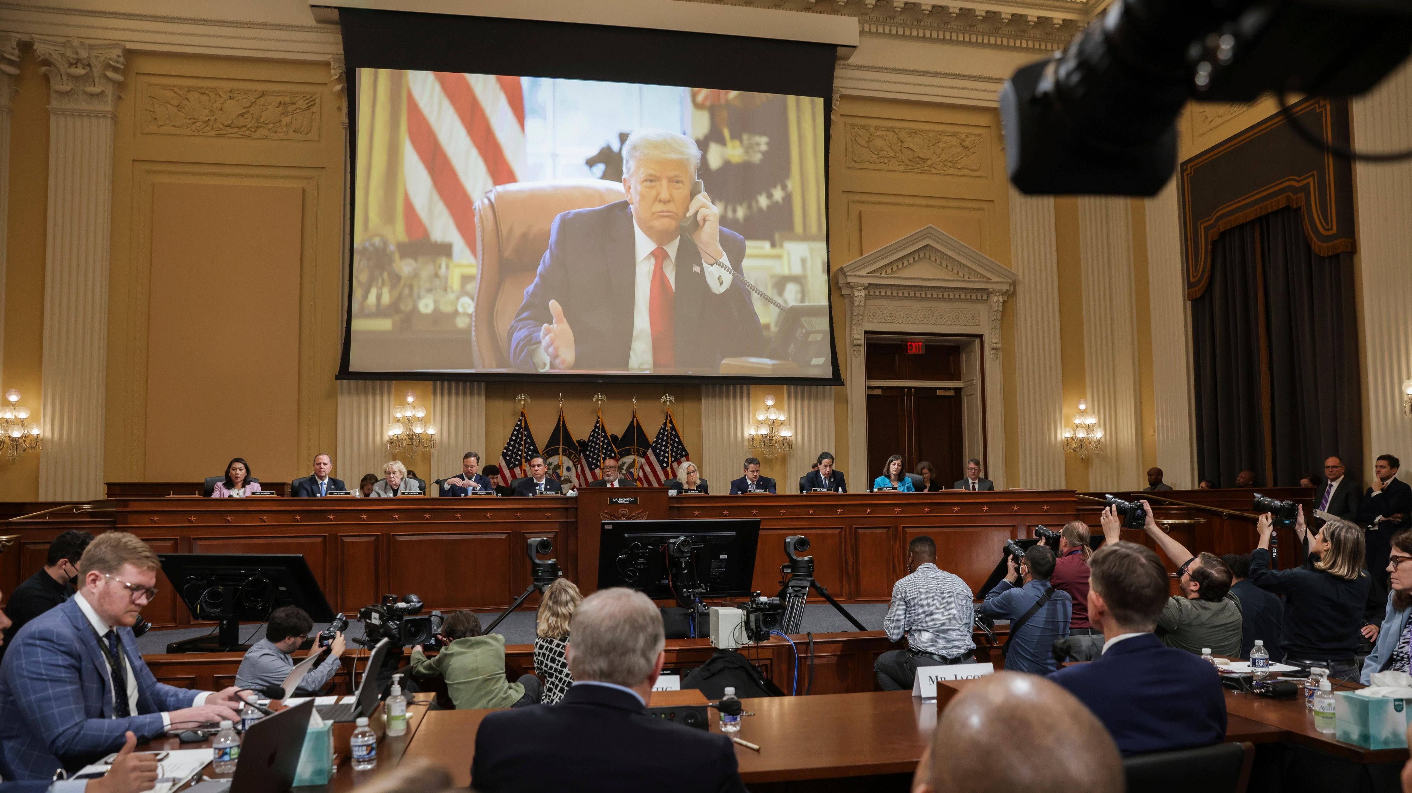 Video of former President Donald J. Trump plays on the screen during the Select Committee to Investigate the January 6th Attack on the U.S. Capitol hearing happening in Washington, DC on June 16, 2022. (Photo: Sipa USA, AP)