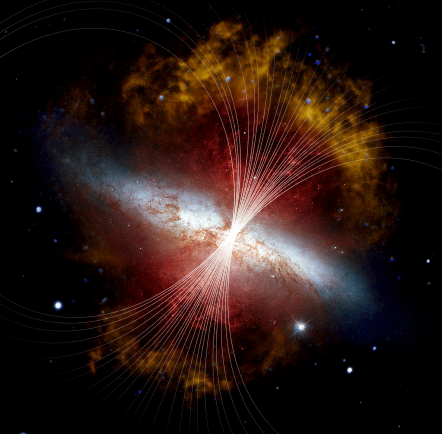 Depiction of magnetic fields (shown as white lines) in Messier 82, or the Cigar galaxy. (Image: NASA, SOFIA, L. Proudfit; NASA, ESA, Hubble Heritage Team; NASA, JPL-Caltech, C. Engelbracht)