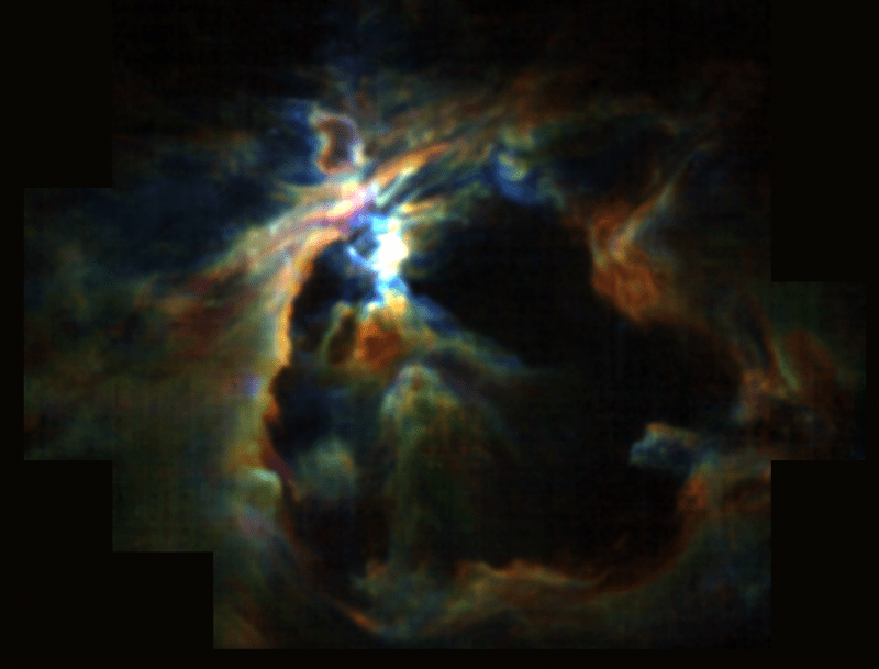 The core of the Orion Nebula. The dark area is the result of powerful winds from a newly formed star, which is preventing new stars from forming. (Image: NASA/SOFIA/Pabst et. al)