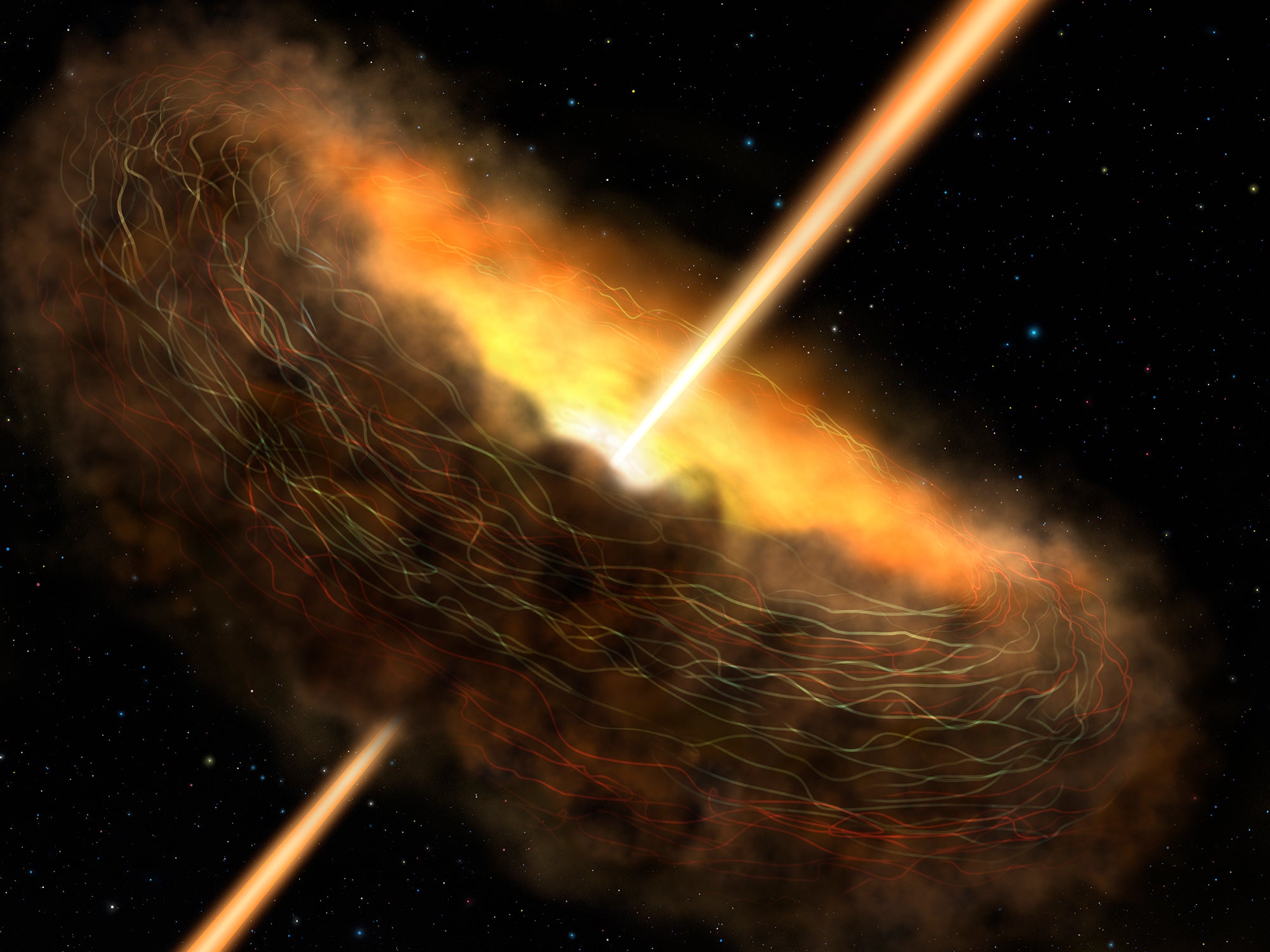 Artist's depiction of the core of a supermassive black hole, including a dusty doughnut-shaped ring (the torus) and collimated jets.  (Illustration: NASA/SOFIA/Lynette Cook)