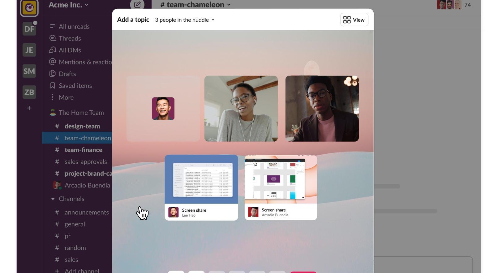New features on Slack include videos and multi-person screen sharing. (Image: Slack)