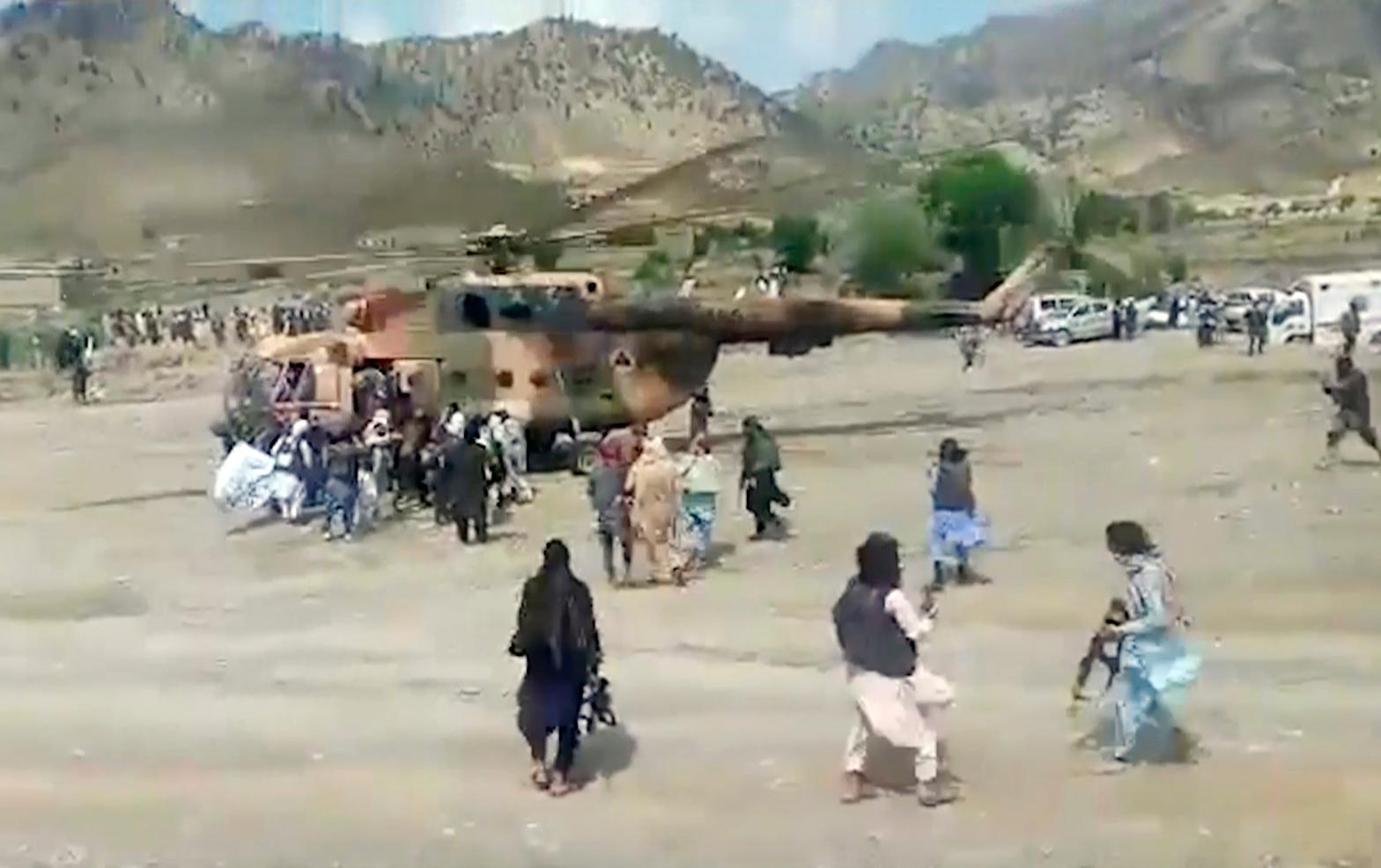 Video from the Bakhtar state-run news shows military helicopters flying in to pick up injured from quake-affected areas. (Photo: Bakhtar State News Agency, AP)