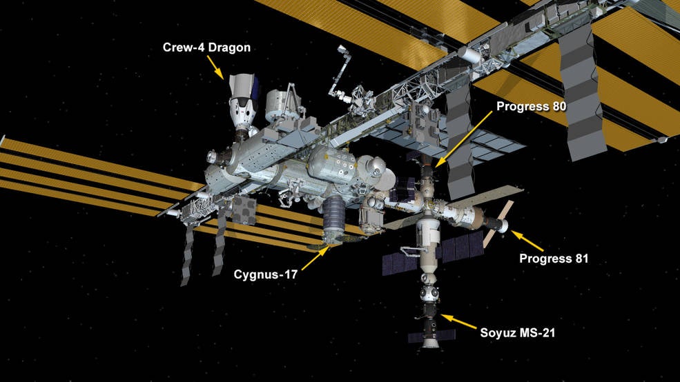 The ISS configuration as it appeared on June 3, showing the location of Cygnus-17 and Progress 81.  (Image: NASA)