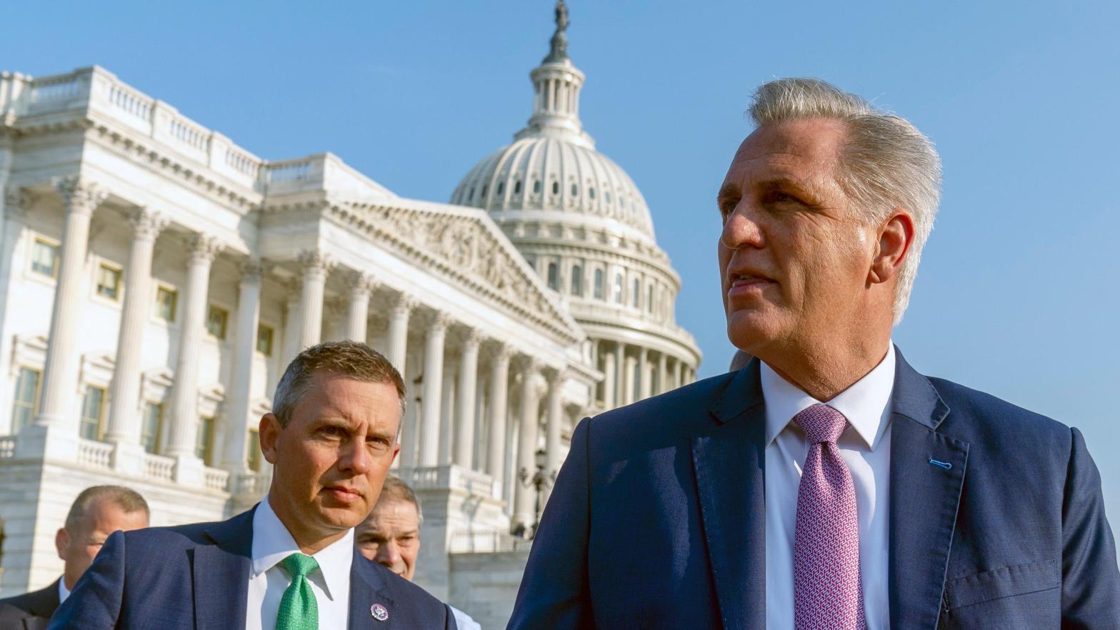 Rep. Kelly Armstrong, a member of the House Subcommittee on Consumer Protection, accompanies House Minority Leader Kevin McCarthy outside for a press conference on Capitol Hill in Washington, Tuesday, July 27, 2021. (Photo: Associated Press, AP)