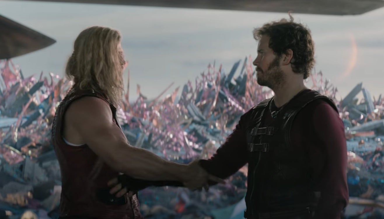 Thor and Star-Lord devise a new handshake in Thor: Love and Thunder. (Screenshot: YouTube/Marvel Studios)