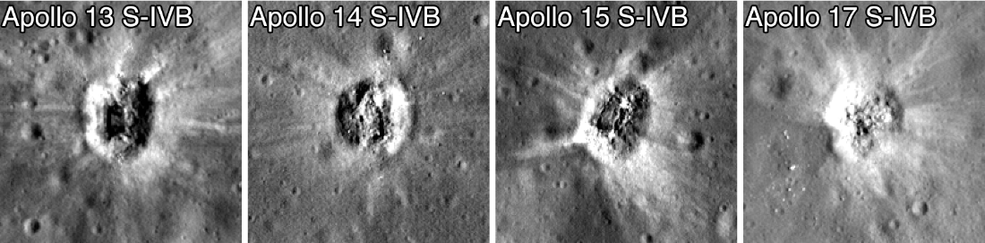 Four examples of craters formed by Apollo rocket bodies — none exhibiting the double crater.  (Image: NASA/Goddard/Arizona State University)