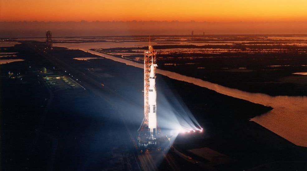 The Apollo 13 Saturn rocket being rolled out to the launch pad in 1970. (Photo: NASA)
