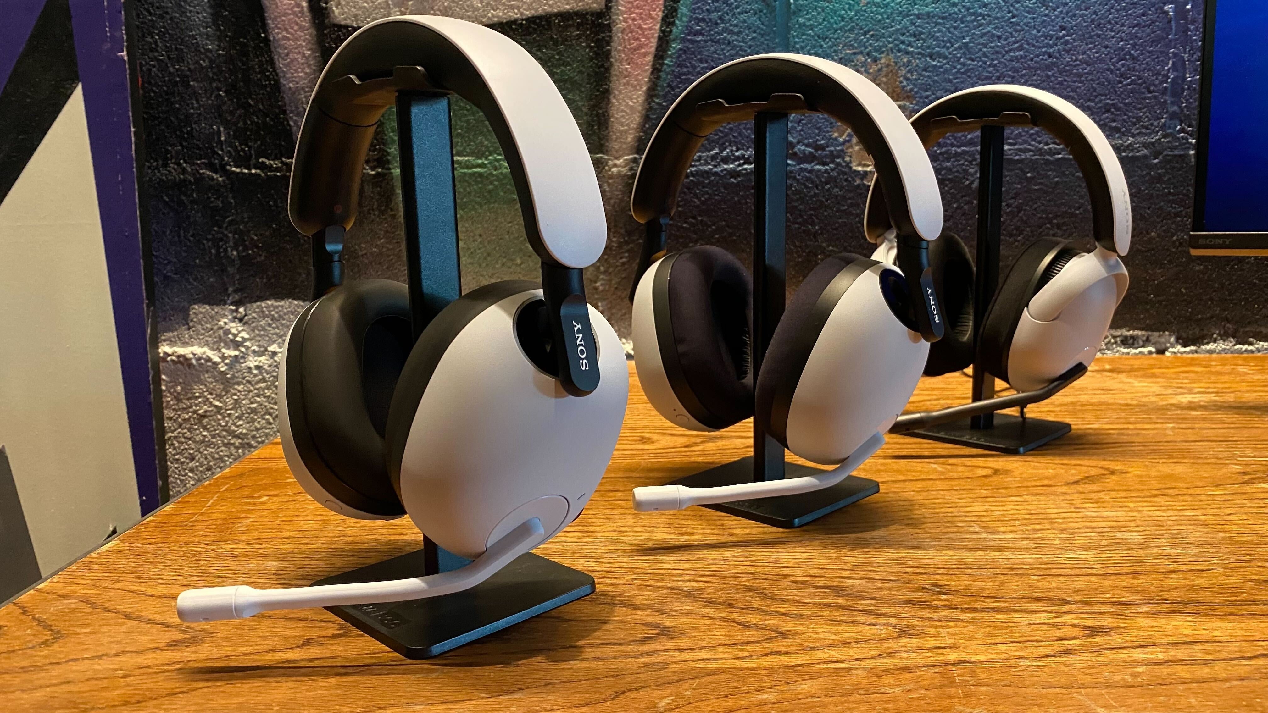 The Sony Inzone H9, H7, and H3 headsets sitting next to each other (Photo: Michelle Ehrhardt/Gizmodo)