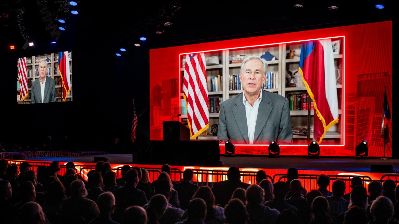 A video recording of Texas Gov. Greg Abbott plays during the National Rifle Association (NRA) annual convention on May 27, 2022 in Houston, Texas. The annual event came days after the mass shooting in Uvalde, Texas left 19 children and 2 adults dead. (Photo: Brandon Bell, Getty Images)