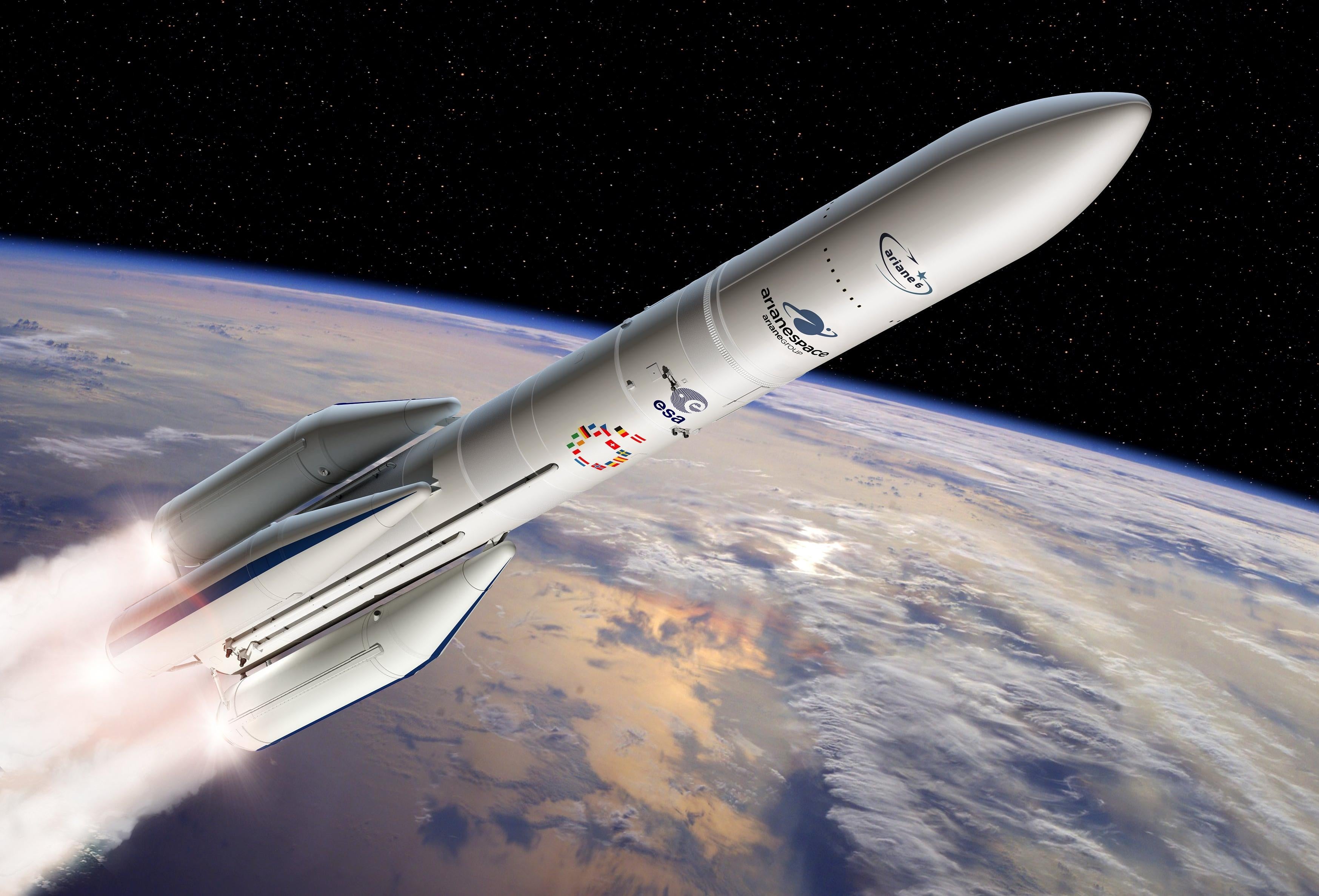 Artist's conception of the four-booster Ariane 6 configuration during launch.  (Illustration: ESA - D. Ducros)