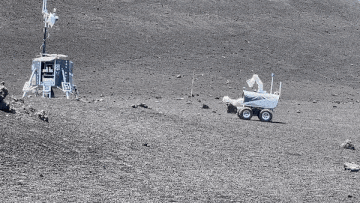 The Interact rover wrapped up its mission by bringing the rock samples to the lunar lander.  (Gif: ESA)