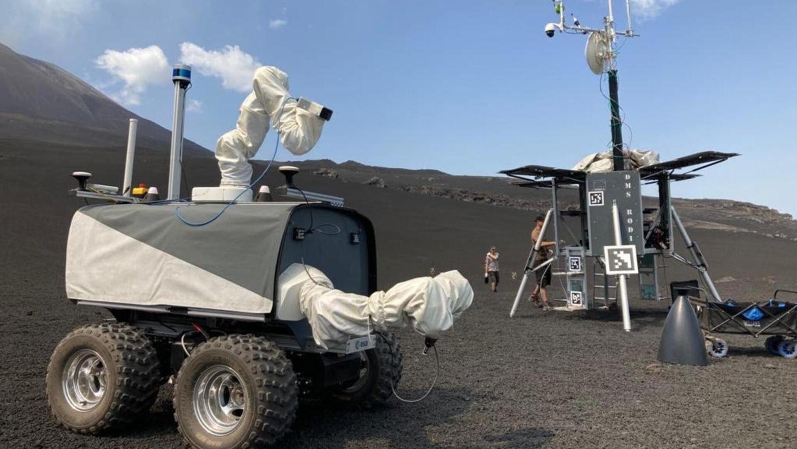 The four-wheeled, two-armed Interact rover spent four days collecting rocks on Mount Etna.  (Photo: ESA)