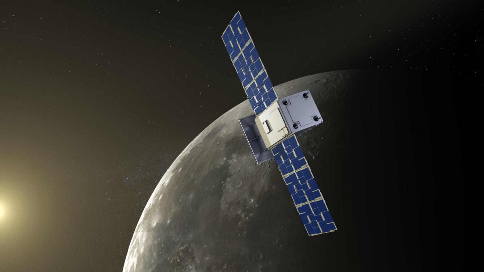 An illustration of the CAPSTONE spacecraft during its elliptical orbit around the Moon. (Illustration: NASA)