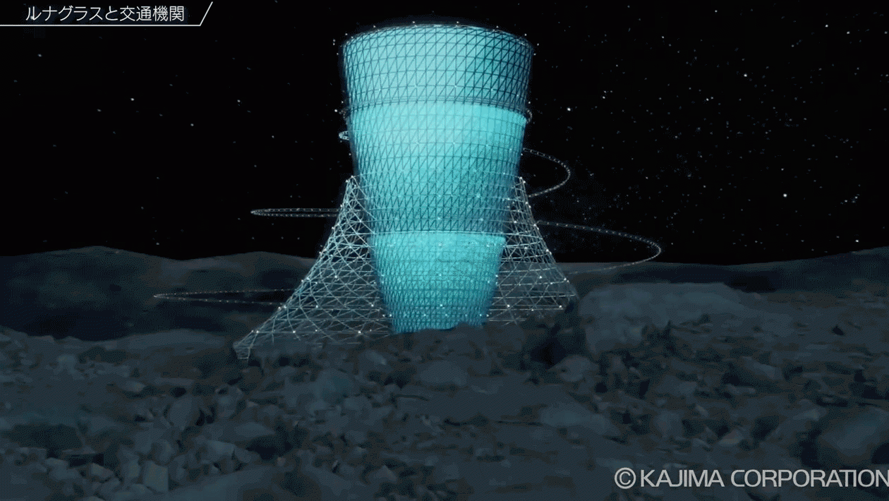 Lunar Glass is the proposed project that will simulate gravity through centrifugal force.  (Gif: Kajima Corporation/Gizmodo)