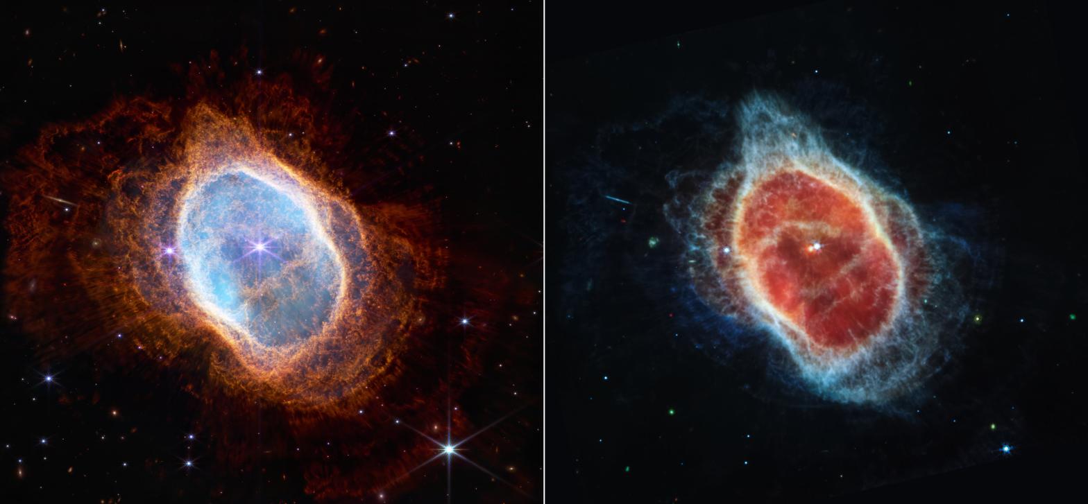 The Southern Ring planetary nebula, imaged by Webb Space Telescope's in infrared (left) and mid-infrared (right). (Image: NASA, ESA, CSA, and STScI)