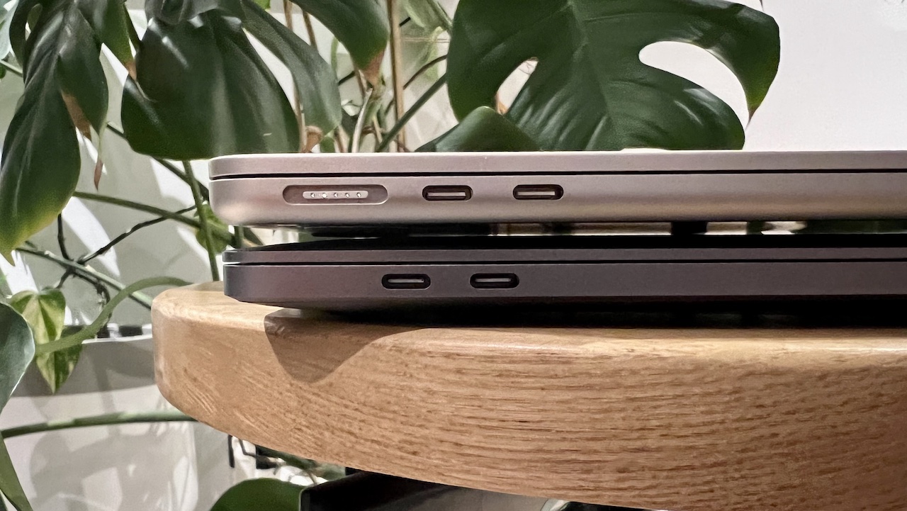 Close up side view of a M2 MacBook Air and M2 MacBook Pro