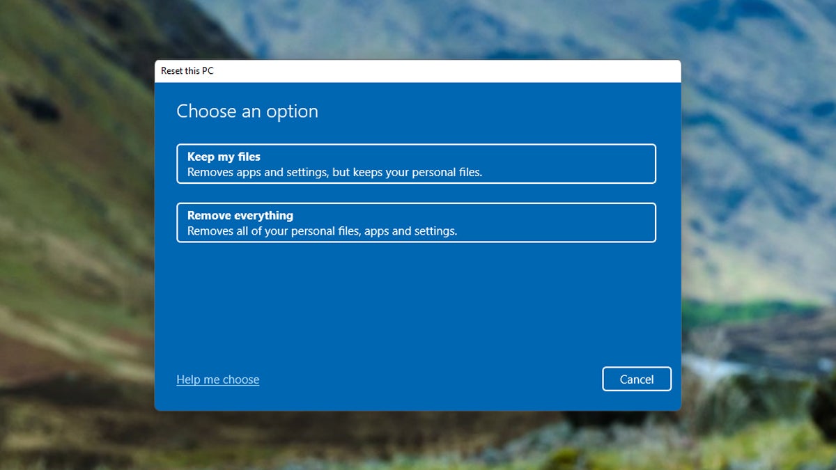 There are two different types of reset you can apply. (Screenshot: Windows)