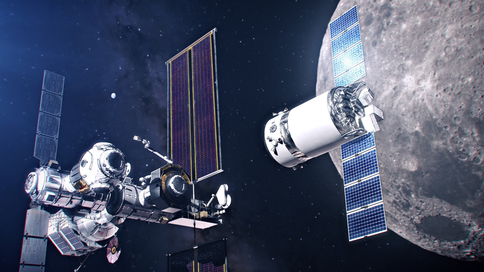 Artist's conception of Gateway with the SpaceX Dragon XL logistics module on approach to docking. (Illustration: NASA)