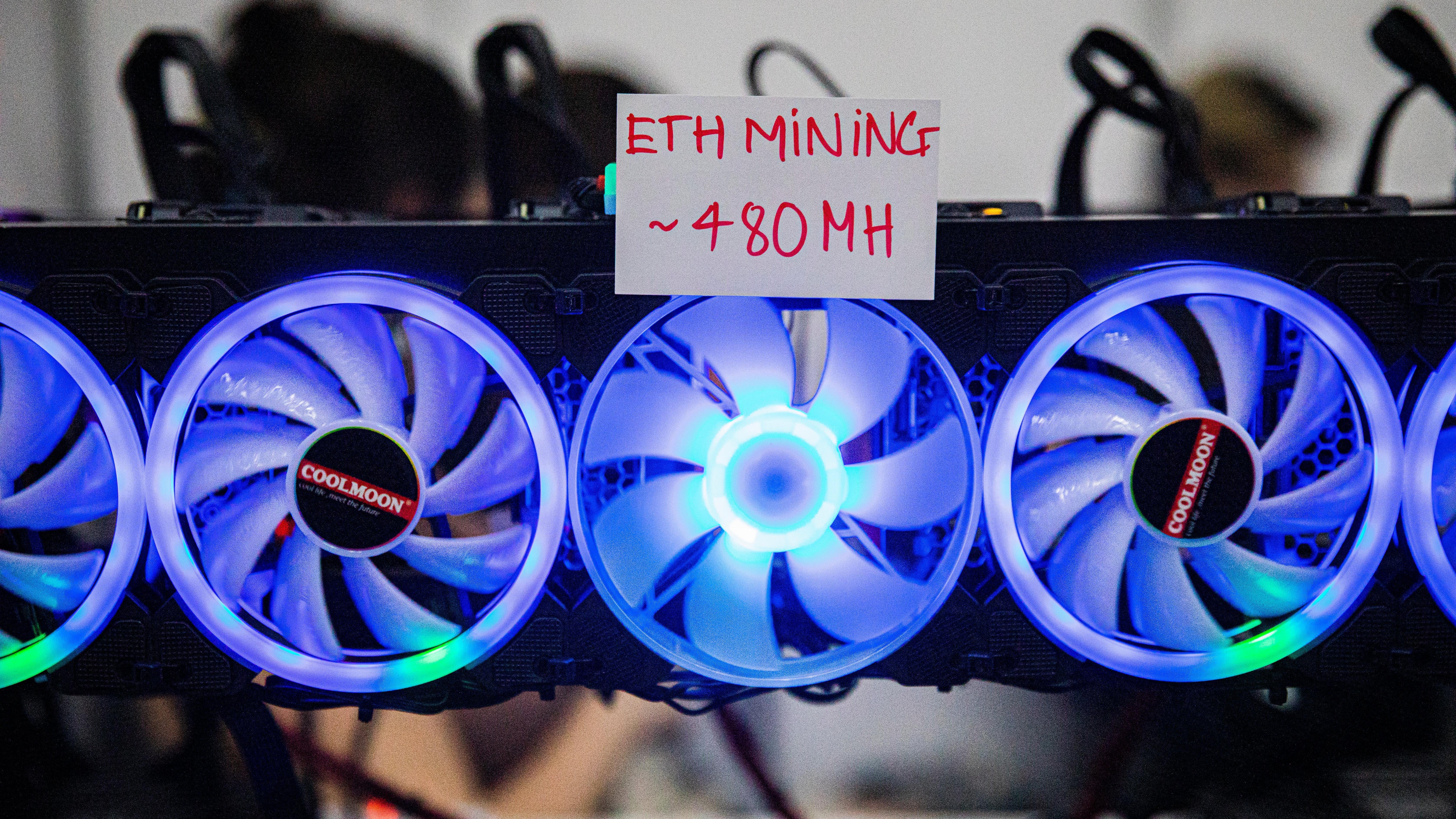 An Ethereum mining rig is on display at the Thailand Crypto Expo 2022 this past May. Ironically, its estimated that the terawatt demand from mining on the Ethereum blockchain is close to the total demand of all of Thailand. (Photo: Lauren DeCicca, Getty Images)