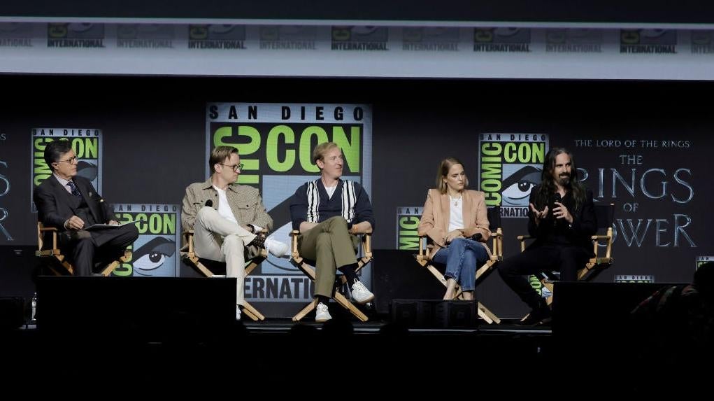 Moderator Stephen Colbert talked to showrunners JD Payne and Patrick McKay, producer Lindsey Weber and composer Bear McCreary in Hall H at Comic-Con.  (Photo: Kevin Winter, Getty Images)