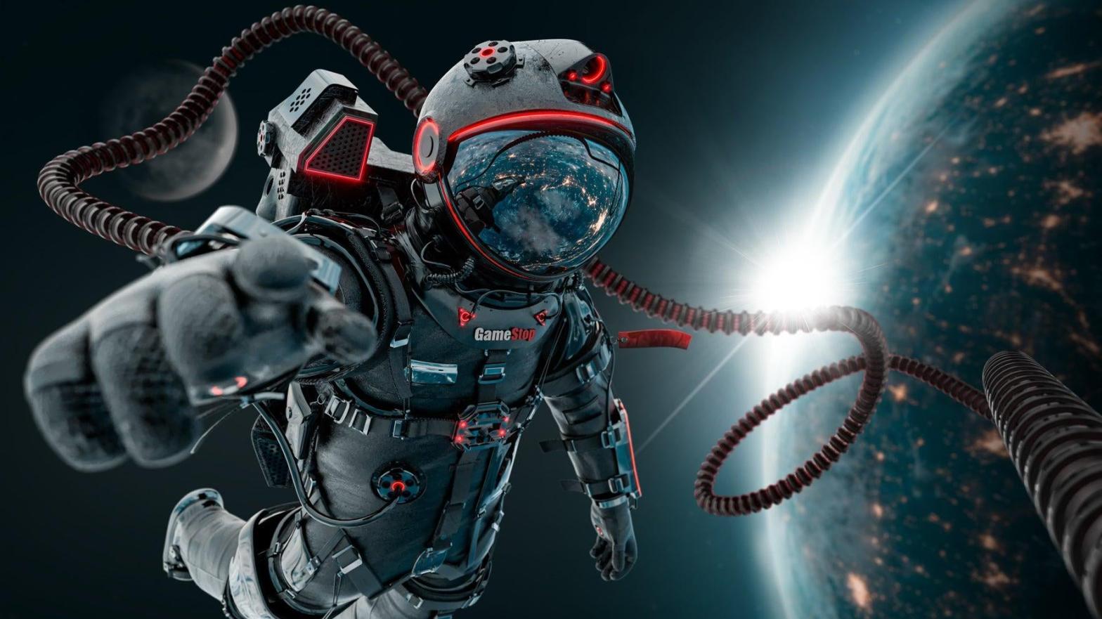 A promotional image of an Astronaut used by GameStop to advertise its NFT marketplace. The astronaut figure was used in an NFT that also evoked a famous photo from 9/11. (Image: GameStop)