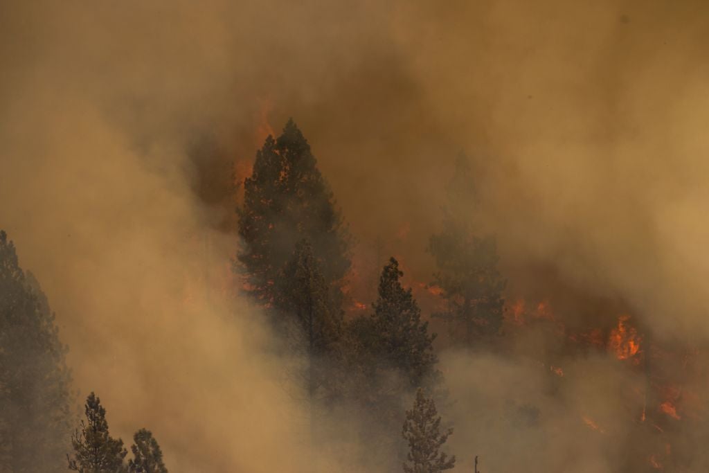 A momentary parting of smoke reveals a burning forest at the Oak Fire near Mariposa, California, on July 24, 2022. (Photo: DAVID MCNEW/AFP, Getty Images)