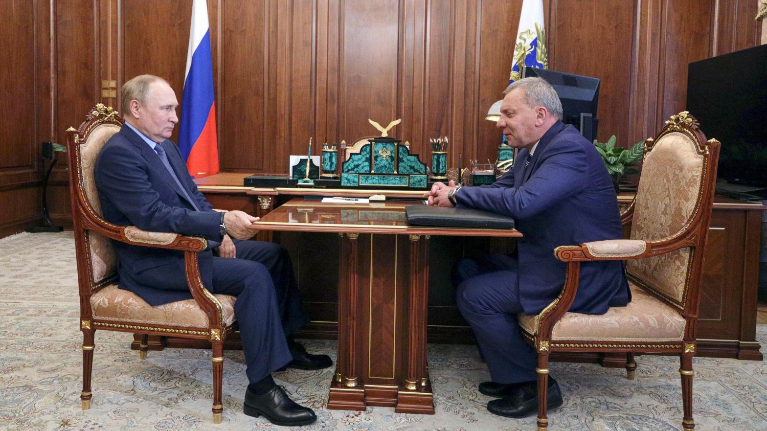 Russian President Vladimir Putin (left) meeting with Roscosmos Director General Yury Borisov at the Kremlin in Moscow, Russia, July 26, 2022.  (Photo: Mikhail Klimentyev, AP)