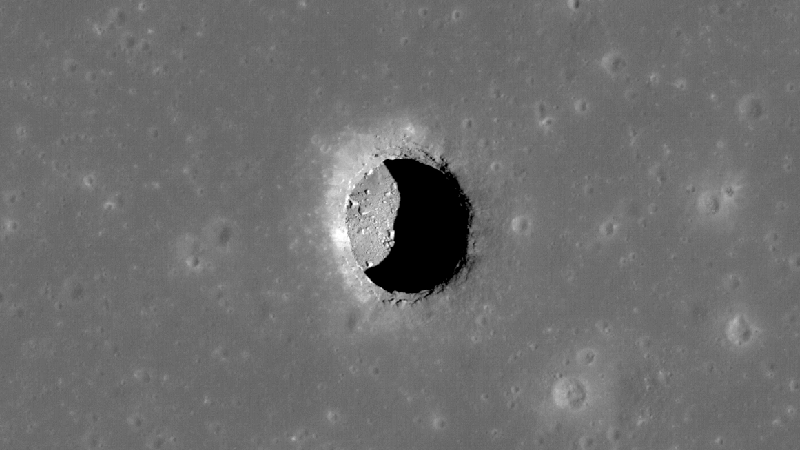 This depression in Mare Tranquillitatis is a roughly 328 foot (100 metre) wide pit in the Moon's surface that remains at a comfortable 63 degrees Fahrenheit. (Image: NASA/Goddard/Arizona State University)
